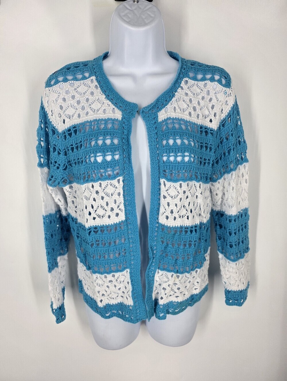 Nouveau Vintage Crochet Knit Cardigan Sweater M Blue White Stripe Ramie Cotton